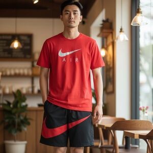 Nike Men’s Black Shorts with Red Swoosh with Red Shirt with a swoosh